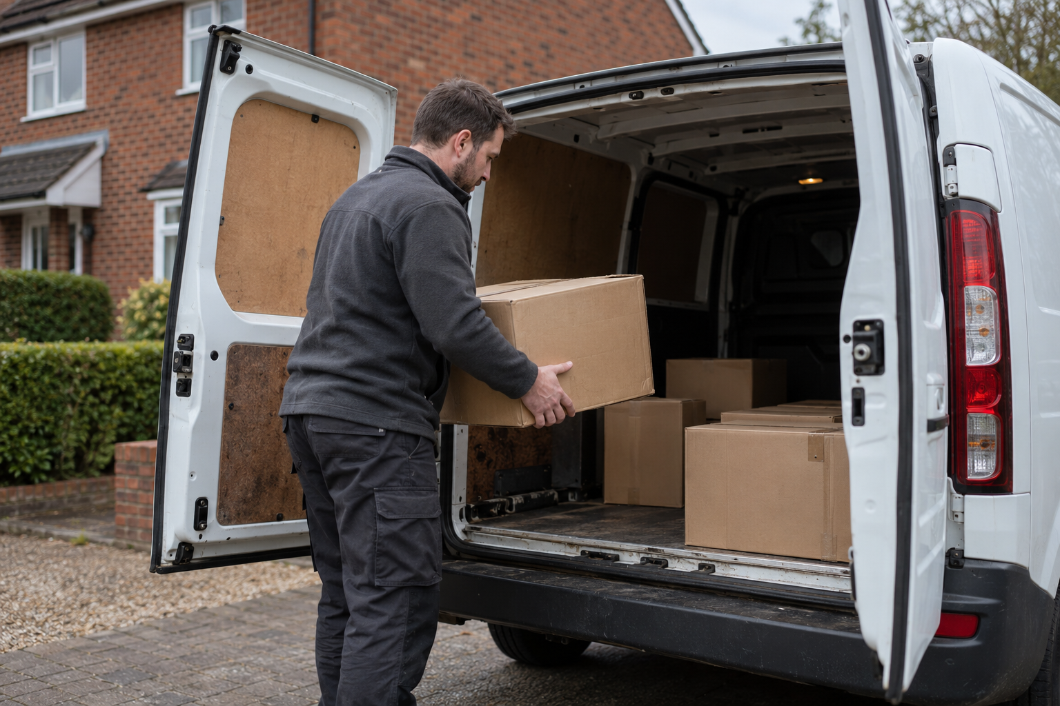 Parcel courier loading cardboard boxes into a white delivery van