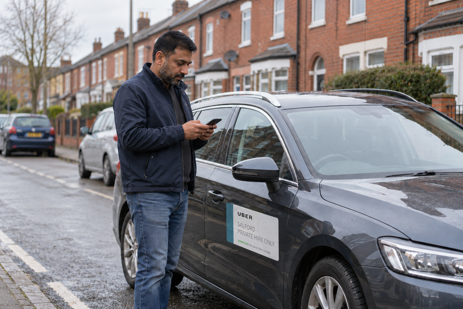 Uber insurance UK guide: private hire driver beside a grey car displaying Uber signage