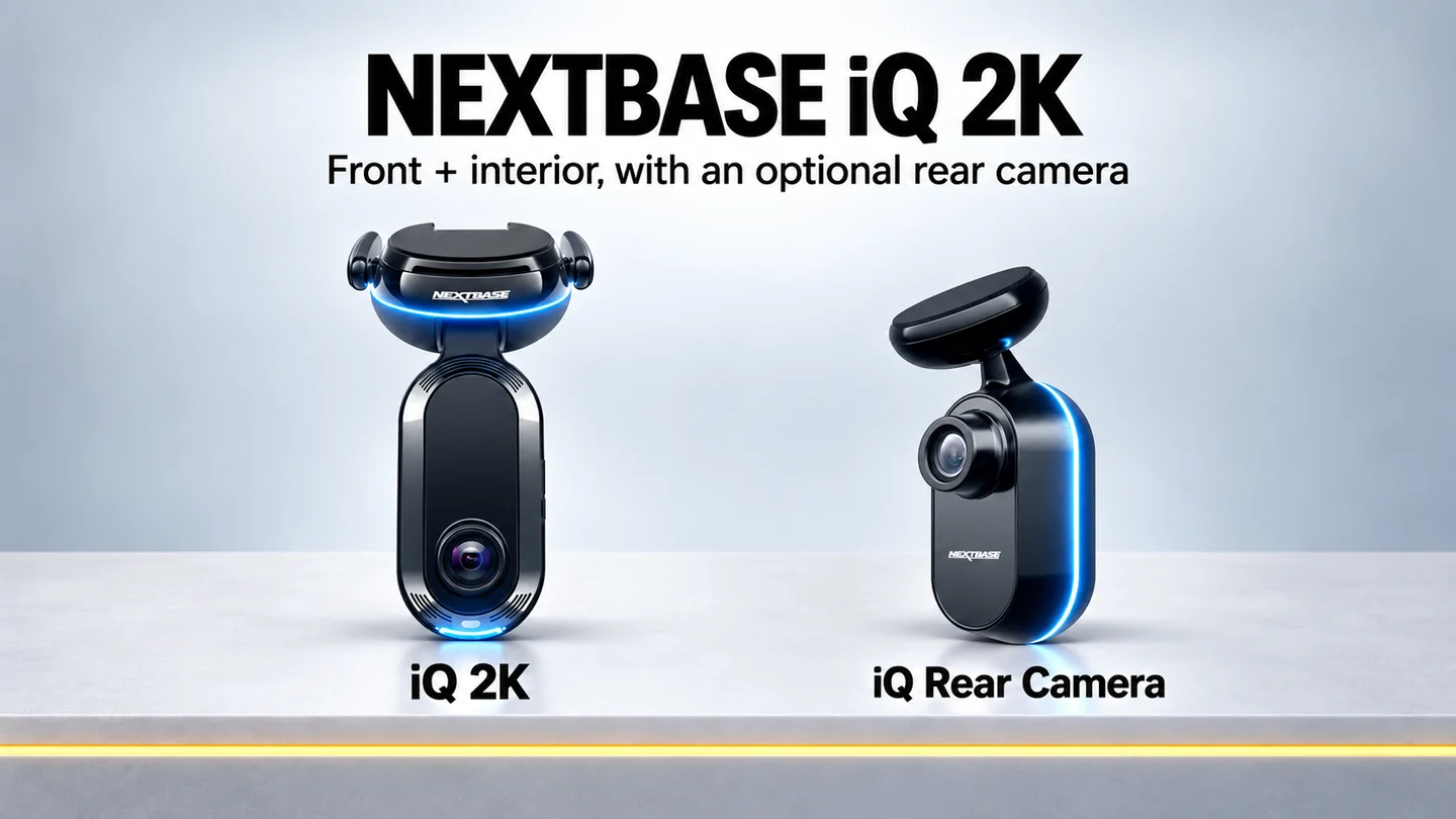 Nextbase iQ 2K smart dash cam alongside its optional dedicated rear camera